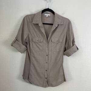 James Perse 4 Womens XL Button Up Side Panel Shirt 100% Pima Cotton Tan Blouse